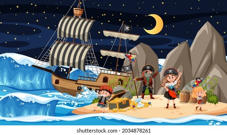 Treasure Island scene at night with Pirate kids illustration