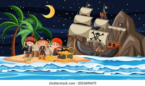 Treasure Island scene at night with Pirate kids illustration