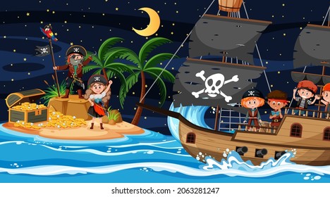 Treasure Island scene at night with Pirate kids on the ship illustration