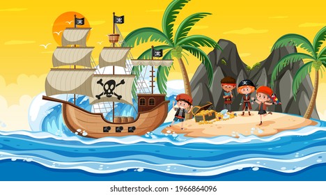 Treasure Island scene at sunset time with Pirate kids illustration