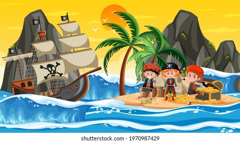 Treasure Island scene at sunset time with Pirate kids illustration