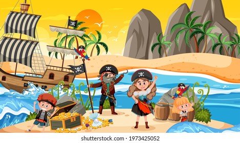 Treasure Island scene at sunset time with Pirate kids illustration