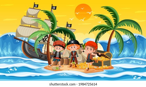 Treasure Island scene at sunset time with Pirate kids illustration