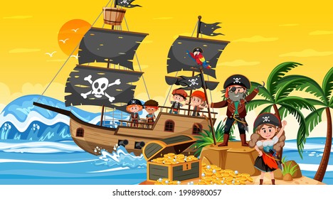 Treasure Island scene at sunset time with Pirate kids on the ship illustration