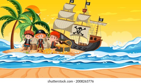 Treasure Island scene at sunset time with Pirate kids illustration