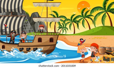 Treasure Island scene at sunset time with Pirate kids illustration