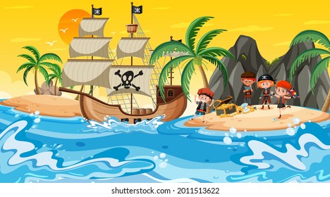 Treasure Island scene at sunset time with Pirate kids illustration