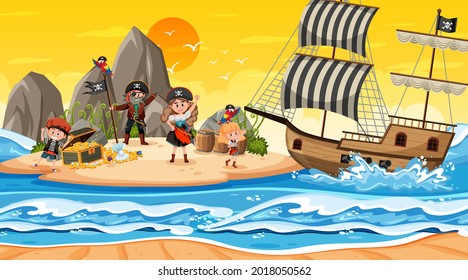 Treasure Island scene at sunset time with Pirate kids illustration