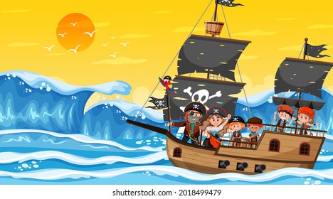 Treasure Island scene at sunset time with Pirate kids illustration