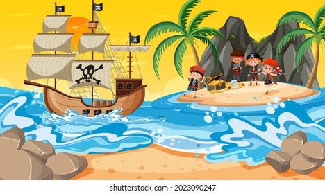 Treasure Island scene at sunset time with Pirate kids illustration