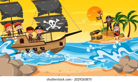 Treasure Island scene at sunset time with Pirate kids on the ship illustration
