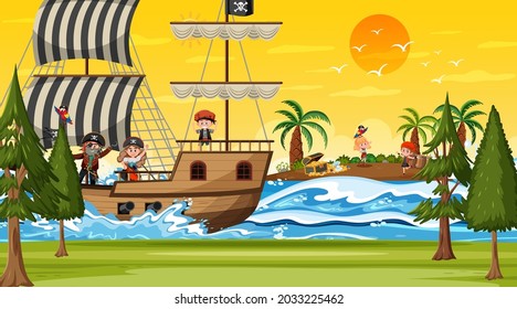 Treasure Island scene at sunset time with Pirate kids on the ship illustration