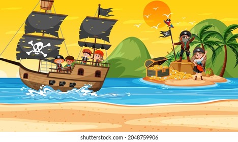 Treasure Island scene at sunset time with Pirate kids illustration
