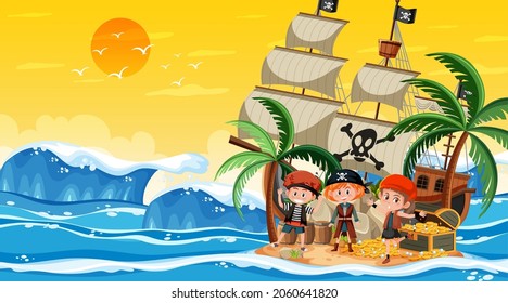 Escena de Treasure Island al atardecer con ilustración infantil de Pirate