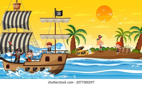 Treasure Island scene at sunset time with Pirate kids illustration