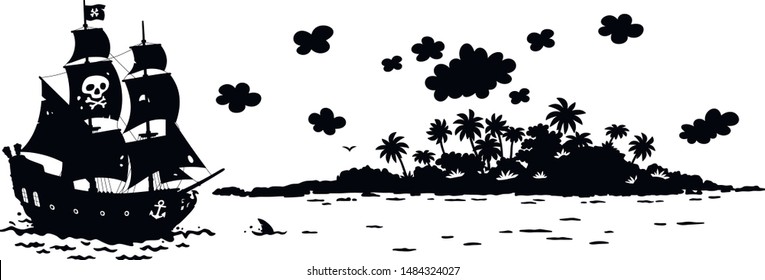Treasure island and a sea pirate sailing ship with guns and a black flag of Jolly Roger with bones on its main mast in chase, silhouette black and white vector illustration in a cartoon style