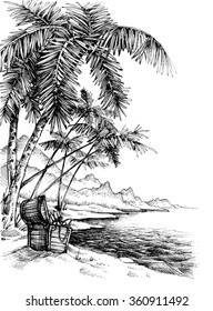 Treasure island sketch. Beautiful palm trees on sea shore and a treasure chest