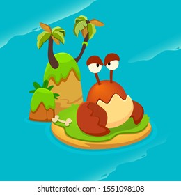 Treasure islands with angry crab. Vector background for game interface. Uninhabited island