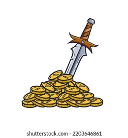 Treasure and a knight sword. A lot of gold coins and money. Reward in medieval adventure. Heroic concept. Cartoon illustration