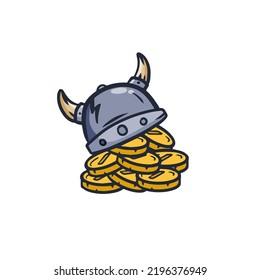 El tesoro y el caballero Viking Helmet. Muchas monedas de oro y dinero. Recompensa en aventura medieval. Concepto heroico. Ilustración de dibujos animados