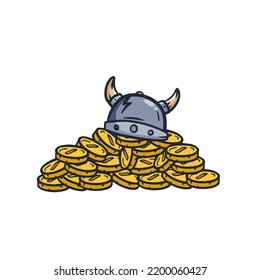 Schatz und Ritter Viking Helm. Eine Menge Goldmünzen und Geld. Belohnung für mittelalterliches Abenteuer. Heroisches Konzept. Cartoon-Illustration