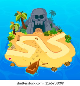 Treasure level map for game. Treasure map with Pirates islands. Vector background for game interface. Uninhabited island