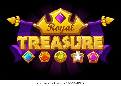 Treasure logo banner with golden crown and gem. Royal background with diamonds of different shapes.