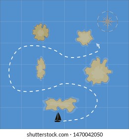 Treasure map for background. Black yacht going to golden island by route. Pirates style with compass. Vector illustration, flat 2d design.
