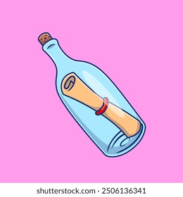 Schatzkarte in Flasche Cartoon Vektorsymbol Illustration. 