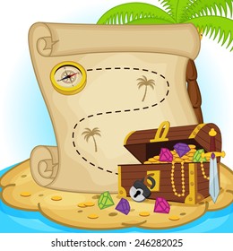 treasure map and treasure chest on island - vector illustration, eps 