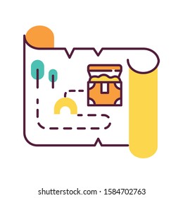 Treasure map color icon. Ancient manuscript. Old scroll. Treasure chest location. Historical artifacts. Discovery and exploration. Mystery parchment. Pirate gold. Isolated vector illustration