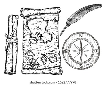 Treasure map, compass and quill. Illustration of a pirate map concept. Treasure Map on old vintage paper (scroll, parchment) with cross. Searching, treasure hunt. Medieval Cartography. Vector template