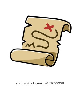 Treasure map with curled parchment edges and red x mark showing an adventure route in cartoon style