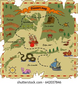 Treasure map with different obstacles. Vector illustration