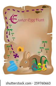 A Treasure Map for Easter Egg Holiday with Hidden Brown Rabbit and Eggs. Editable Vector Illustration.