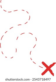 Treasure map element. A dashed line and red X mark ink on the map, the treasure map with a dotted line, X marks the spot, dashed line to an X, red ink