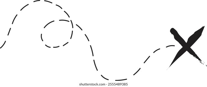 Treasure map element. A dashed line and red X mark ink on the map, the treasure map with a dotted line, an X marks the spot, and the dashed line to a black X	
