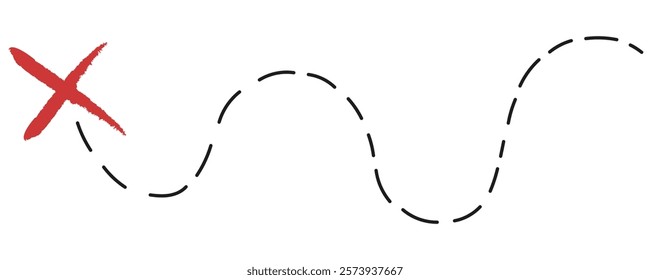 Treasure map element. A dashed line and red X mark ink on the map, the treasure map with a dotted line, X marks the spot, dashed line to an X	
