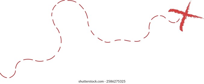 Treasure map element. A dashed line and red X mark ink on the map, the treasure map with a dotted line, X marks the spot, dashed line trail to an X	
