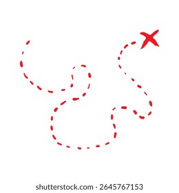 Elemento do mapa de tesouro. Uma linha tracejada e tinta vermelha marca X no mapa, o mapa do tesouro com uma linha pontilhada, X marca o ponto, linha tracejada para um X, tinta vermelha