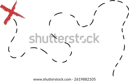 Treasure map element. A dashed line and red X mark ink on the map, the treasure map with a dotted line, X marks the spot, dashed line to an X, red ink