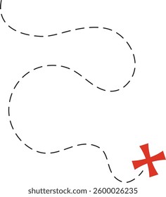 Treasure map element. A red dashed line and red X mark ink on the map, the treasure map with a dotted line, X marks the spot, dashed line to an X