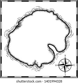 treasure map empty clean template hand drawn cartoon black ink isolated on white , contour shape uninhabited island search gold chest , rose of wind compass north at sea or ocean , vector illustration