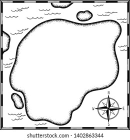 treasure map empty clean template hand drawn cartoon black ink isolated on white , contour shape uninhabited island search gold chest , rose of wind compass north at sea or ocean , vector illustration