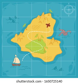 Treasure map for game. Ancient pirate map with island. Uninhabited island. hand drawn vector illustration