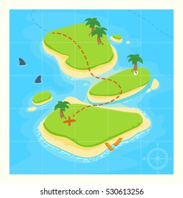 Treasure map for game. Treasure map with islands. Vector background for game interface. Uninhabited island