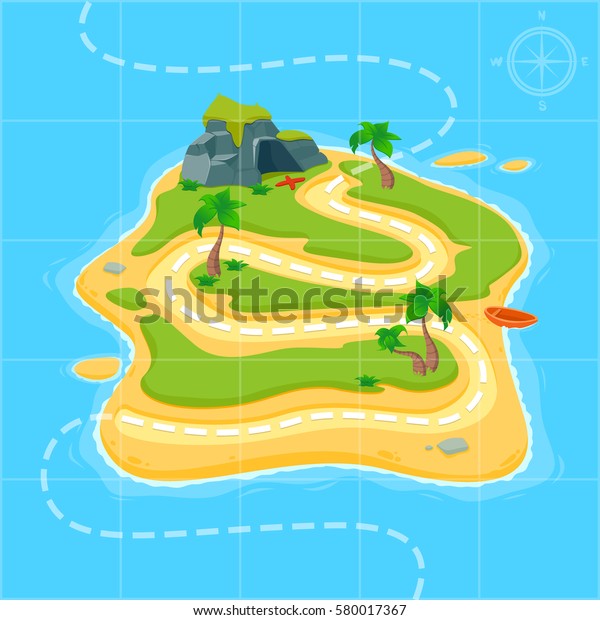 ゲームの宝地図 島を持つ宝地図 ゲームインターフェイスのベクター画像背景 海賊の地図 無人島 のベクター画像素材 ロイヤリティフリー