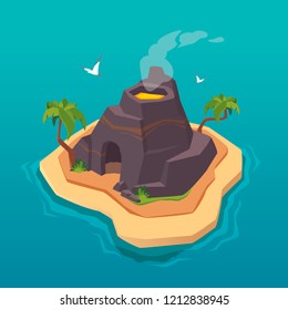 Treasure map for game. Uninhabited island with volcano. Vector background for game interface. Pirates islands.