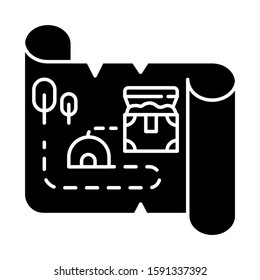Treasure map glyph icon. Ancient manuscript. Old scroll. Treasure chest location. Historical artifacts. Pirate gold. Silhouette symbol. Negative space. Vector isolated illustration