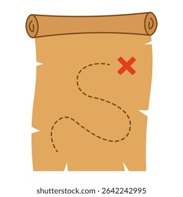 Treasure map icon cartoon scroll illustration. Pirate map with red x. Adventure path map for kids game or app.